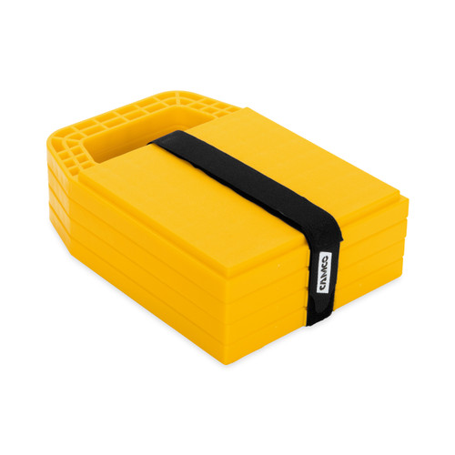 Camco RV Stabilizer Jack Pads — 6 3/16" x 6 3/16" Support Area — Resin Pads Keep Jacks from Sinking into the Ground — Interlocking Design with Handy Storage Strap — 4-Pack — Yellow — Made in the USA 44595