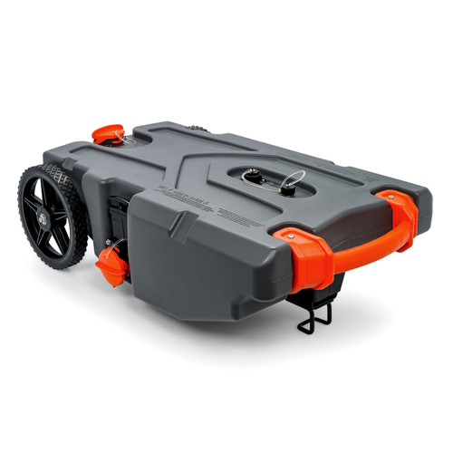 Camco Rhino Camper/RV Portable Waste Tank – 28-Gallon – Features Large Heavy-Duty No-Flat Wheels & Built-In Gate Valve – Includes Removable Steel Tow Adapter, 3' RV Sewer Hose, & More RV Accessories 39004