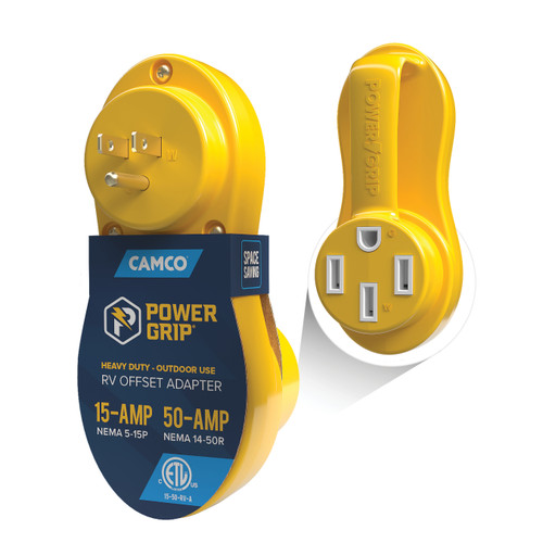 Camco Power Grip Electrical Offset Adapter - 15 amp to 50 amp RV Power Adapter - Offset Design to Relieve Cord Stress (55137) 55137