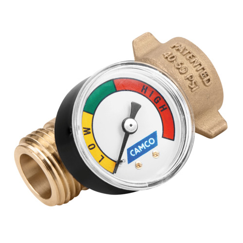 Camco Brass Marine/RV Water Pressure Regulator with Gauge–Protects RV Kitchen Small Appliances, Plumbing & Hoses– Reduces Water Pressure to Safe 40-50 PSI–Drinking Water Safe—Monitoring Gauge 40064