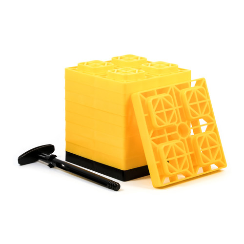 Camco FasTen RV Leveling Blocks, Heavy-Duty RV Leveling System Keeps Your RV Level, Includes T-Handle For Simple Carrying, 2x2, Pack of 10 RV Blocks, Yellow 44514