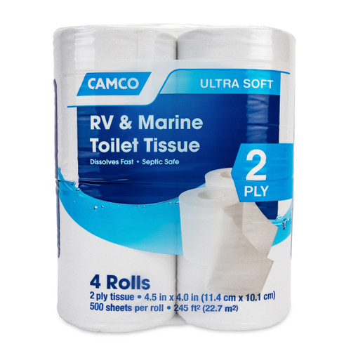 Camco Marine & RV Toilet Paper — 2-Ply — Septic Safe — Dissolves Fast — Dye & Fragrance Free — 4-Rolls (500 Sheets Per Roll) 40274