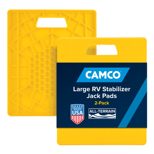 Camco Large RV Stabilizer Jack Pads — 14" x 12" x 7/8" — Anti-Sinking Stability On Any Terrain — Interlocking Design with Storage Strap — 2-Pack — Yellow — Made in the USA 44541