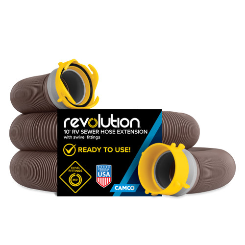Camco Revolution 10' Camper/RV Sewer Hose Extension — Simplified RV Waste Management with Pre-Attached 360° Rotating Fittings — Includes Wire Guards 39639