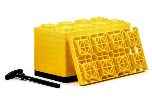 Camco FasTen RV Leveling Blocks — Heavy-Duty RV Leveling System Keeps Your RV Level — Includes T-Handle For Simple Carrying — 4x2 —10 RV Blocks — Yellow 21023