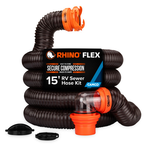 Camco RhinoFLEX 15' Camper/RV Sewer Hose Kit with 4-in-1 Adapter
