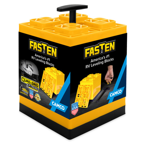 Camco FasTen RV Leveling Blocks, Heavy-Duty RV Leveling System Keeps Your RV Level, Includes T-Handle For Simple Carrying, 2x2, Pack of 10 RV Blocks, Yellow 21022