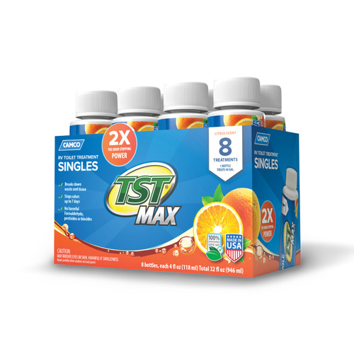 Camco TST MAX Marine/RV Toilet Treatment Singles — Control Unwanted Odors & Break Down Waste and Tissue — Septic Tank Safe — Long-Lasting Citrus Scent — 4 oz Bottles (8-Count) 41191