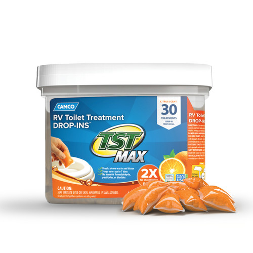 Camco TST MAX Marine/RV Toilet Treatment Drop-INs — Control Unwanted Odors & Break Down Waste and Tissue — Septic Tank Safe — Long-Lasting Citrus Scent — 30 per Bucket 41183