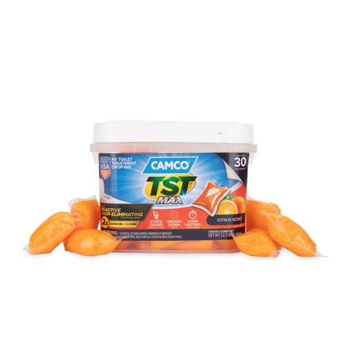 Camco TST MAX Marine/RV Toilet Treatment Drop-INs, Control Unwanted Odors & Break Down Waste and Tissue, Septic Tank Safe, Long-Lasting Citrus Scent, 30 per Bucket 41183