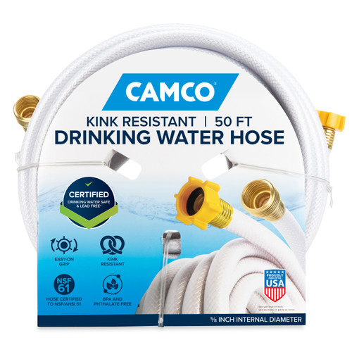 Camco 50' Premium Grade Marine/RV Drinking Water Hose — Certified For Drinking Water & Lead-Free — Anti-Kink Design — Made with Quality PVC — UV Stabilized for Long-Lasting Durability — 5/8" ID 22793