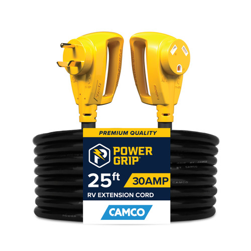 Camco Power Grip 30-Amp RV Extension Cord/Level 1 EV Charger, 25' Length, 125V/3750W, 10-Guage Wires, NEMA TT-30P Standard x TT-30R Locking, ETL Listed to CSA/UL Standards 55191