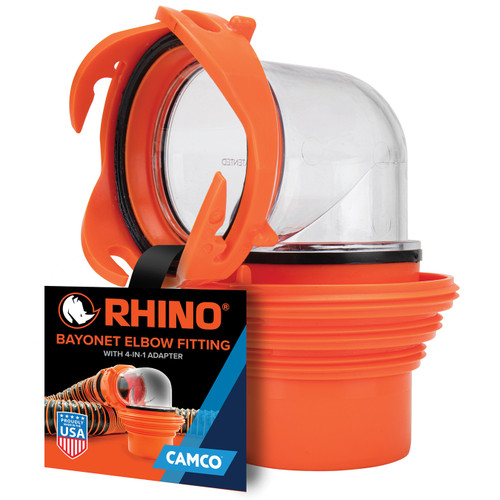 Camco Rhino Clear RV Sewer Hose Elbow with 4-in-1 Adapter — Features a 360° Swivel Fitting Rotation & Odor-Tight Protection — Fits Most Sewer Dump Stations 39736