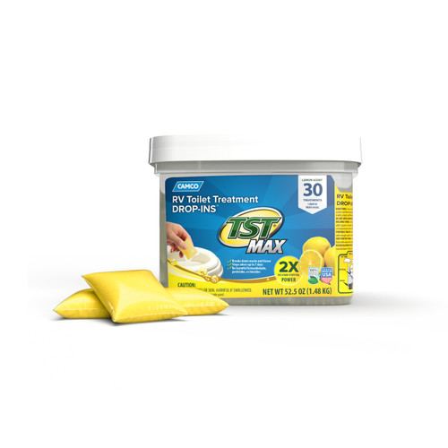Camco TST MAX Marine/RV Toilet Treatment Drop-INs — Control Unwanted Odors & Break Down Waste and Tissue — Septic Tank Safe — Long-Lasting Lemon Scent — 30 per Bucket 41577