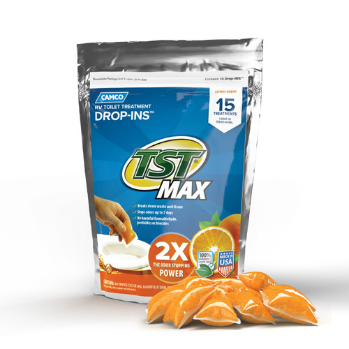 Camco TST MAX Marine/RV Toilet Treatment Drop-INs — Control Unwanted Odors & Break Down Waste and Tissue — Septic Tank Safe — Long-Lasting Citrus Scent — 15 per Bag 41189