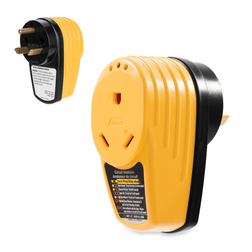 Camco Power Grip RV 30-Amp Circuit Analyzer Adapter with Integrated Surge Protection and Fault Indication, 30-Amp Male to 30-Amp Female 55310