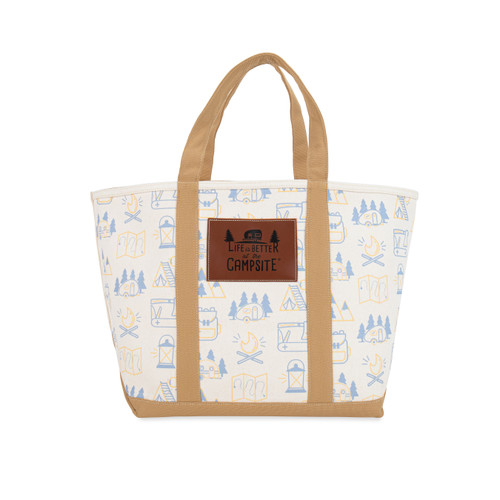 Camco Life is Better at the Campsite Canvas Tote Bag | Features a Heavy-Duty Cotton Canvas Design with Reinforced Base, a Unique RV-Themed Adventure Print, and a Zippered Top Closure | Large (53127) 53127