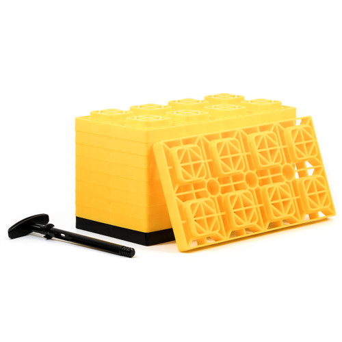 Camco FasTen RV Leveling Blocks — Heavy-Duty RV Leveling System Keeps Your RV Level — Includes T-Handle For Simple Carrying — 4x2 —10 RV Blocks — Yellow 44515