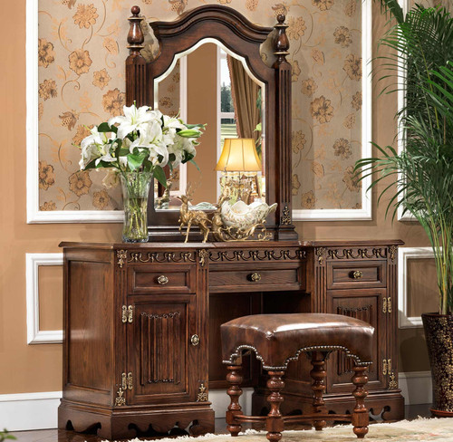 View of the St. Augustine Cacao Dresser, Mirror & Bench