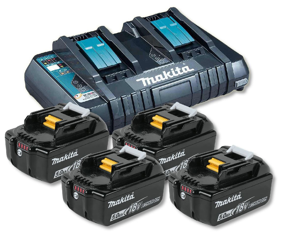 Makita DC18RD Dual Port Charger with 4 x BL1850B 5.0ah Li-Ion Batteries