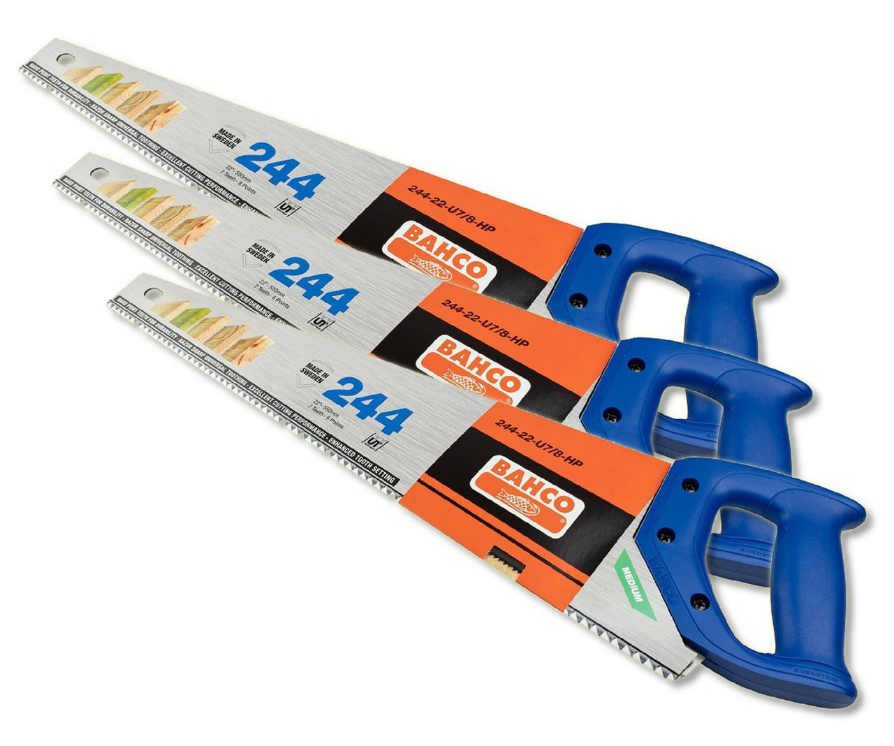3 x Bahco 244-22-U7/8-HP 22" Universal Tooth Hardpoint Handsaw