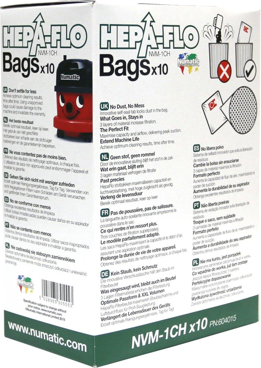 Genuine 10 x Pack Numatic Hepa-Flo Hoover Vacuum Bags Henry Hetty James NVM-1CH