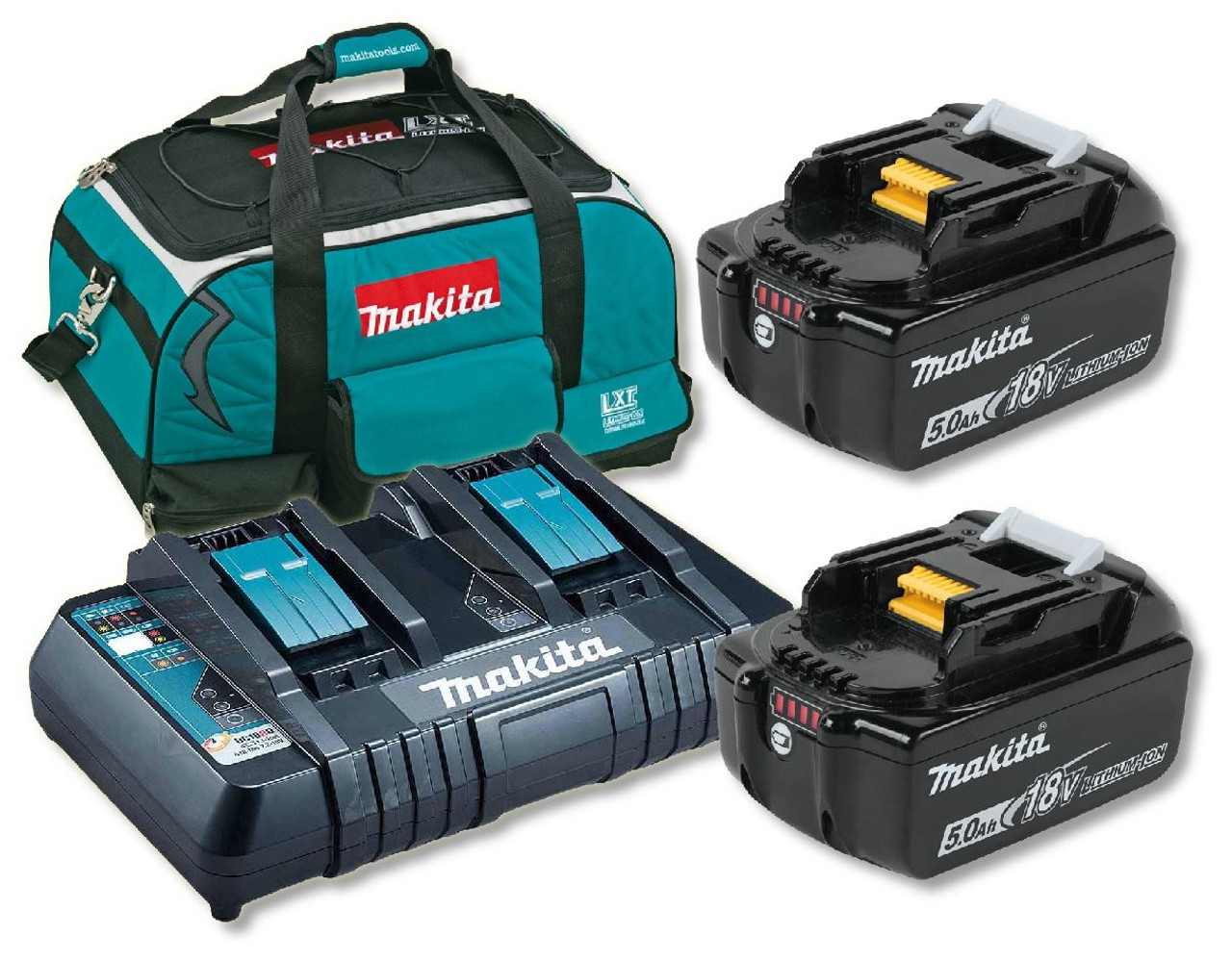 Makita DC18RD Dual Port Charger with 2 x BL1850B 5.0ah Li-Ion Batteries in Bag
