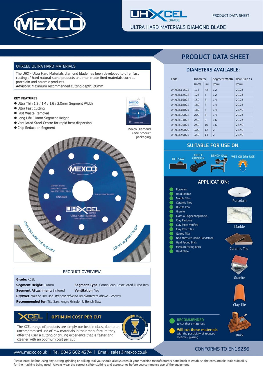 Mexco UHXCEL12522 125MM 22.23MM Bore Ultra Hard Materials XCEL Grade Diamond Blade