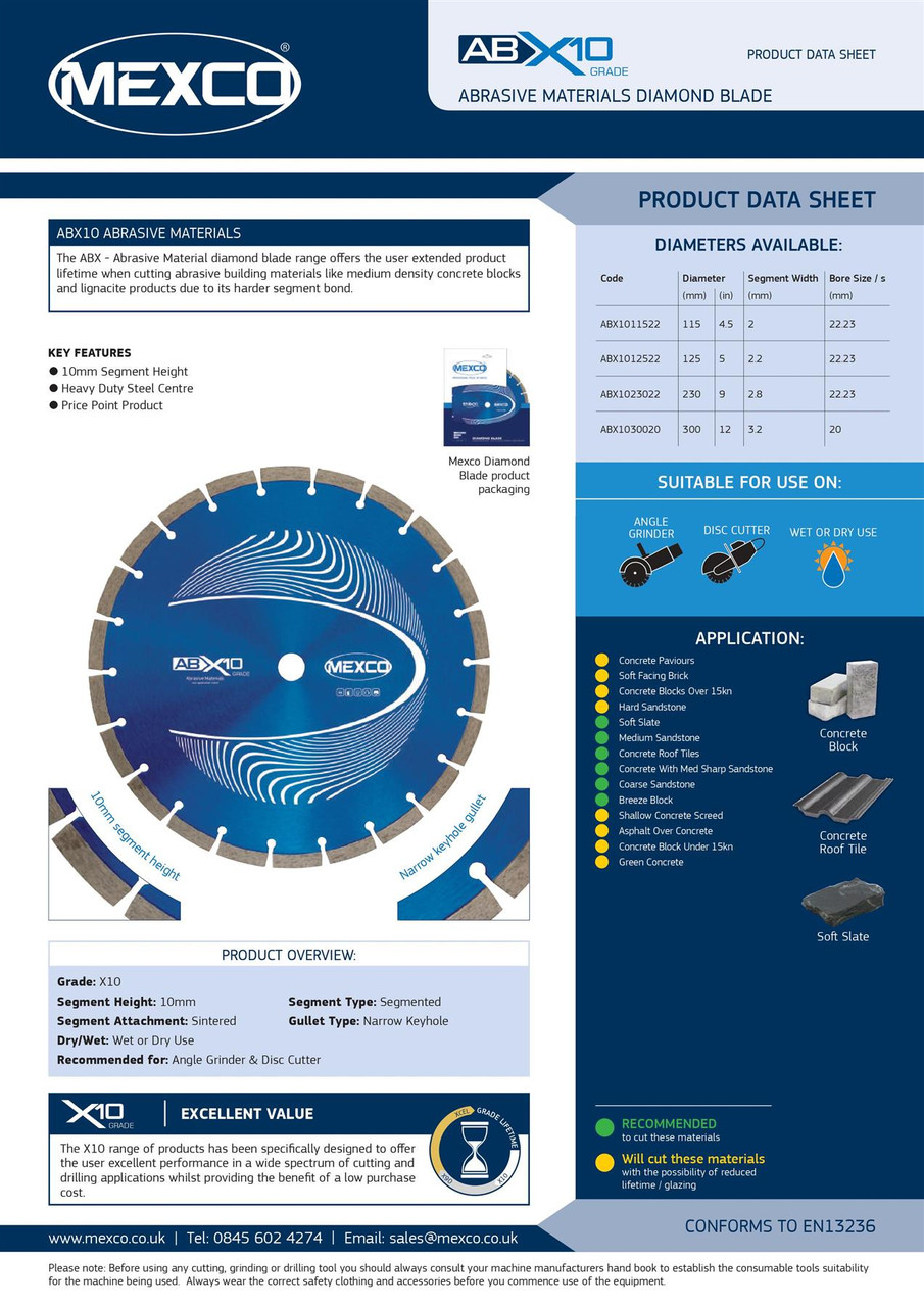 Mexco ABX1012522 125MM 22.23MM Bore Abrasive Materials X10 Grade Diamond Blade