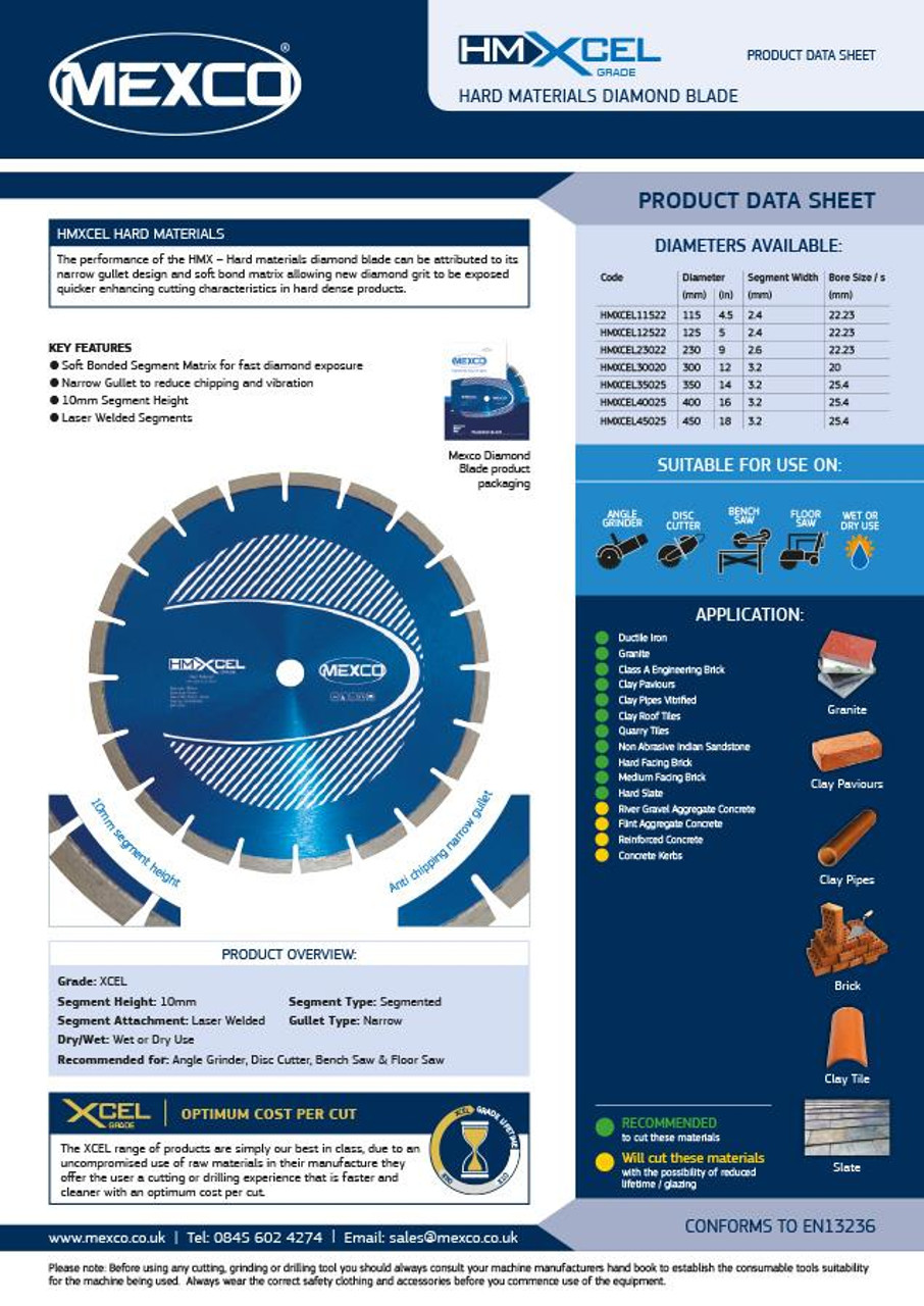 Mexco HMXCEL23022 230MM 22.23MM Bore Hard Materials XCEL Grade Diamond Blade