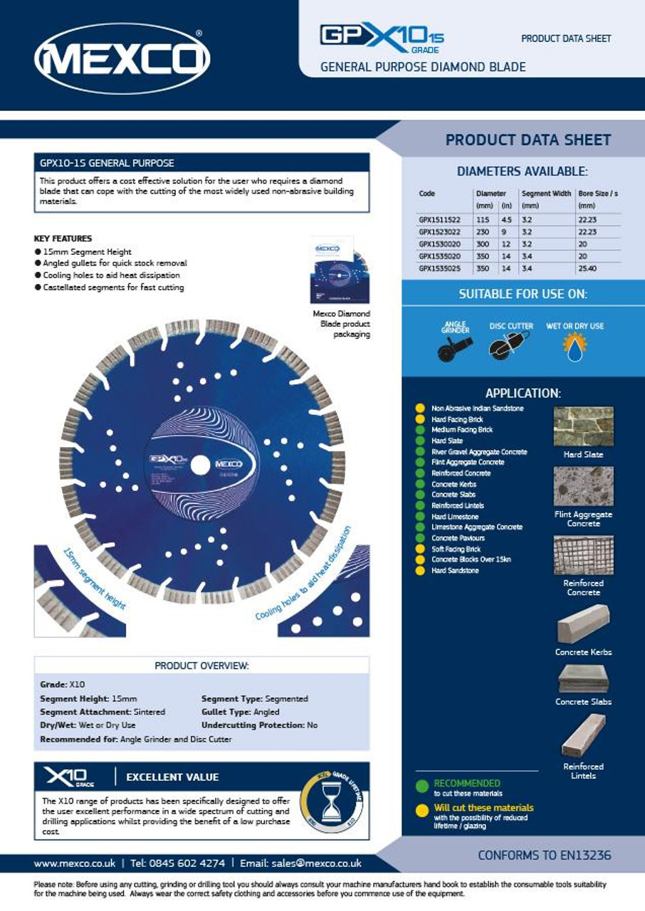Mexco GPX1523022 230MM 22.23MM Bore (15MM Segment Height) Concrete X10 Grade Diamond Blade