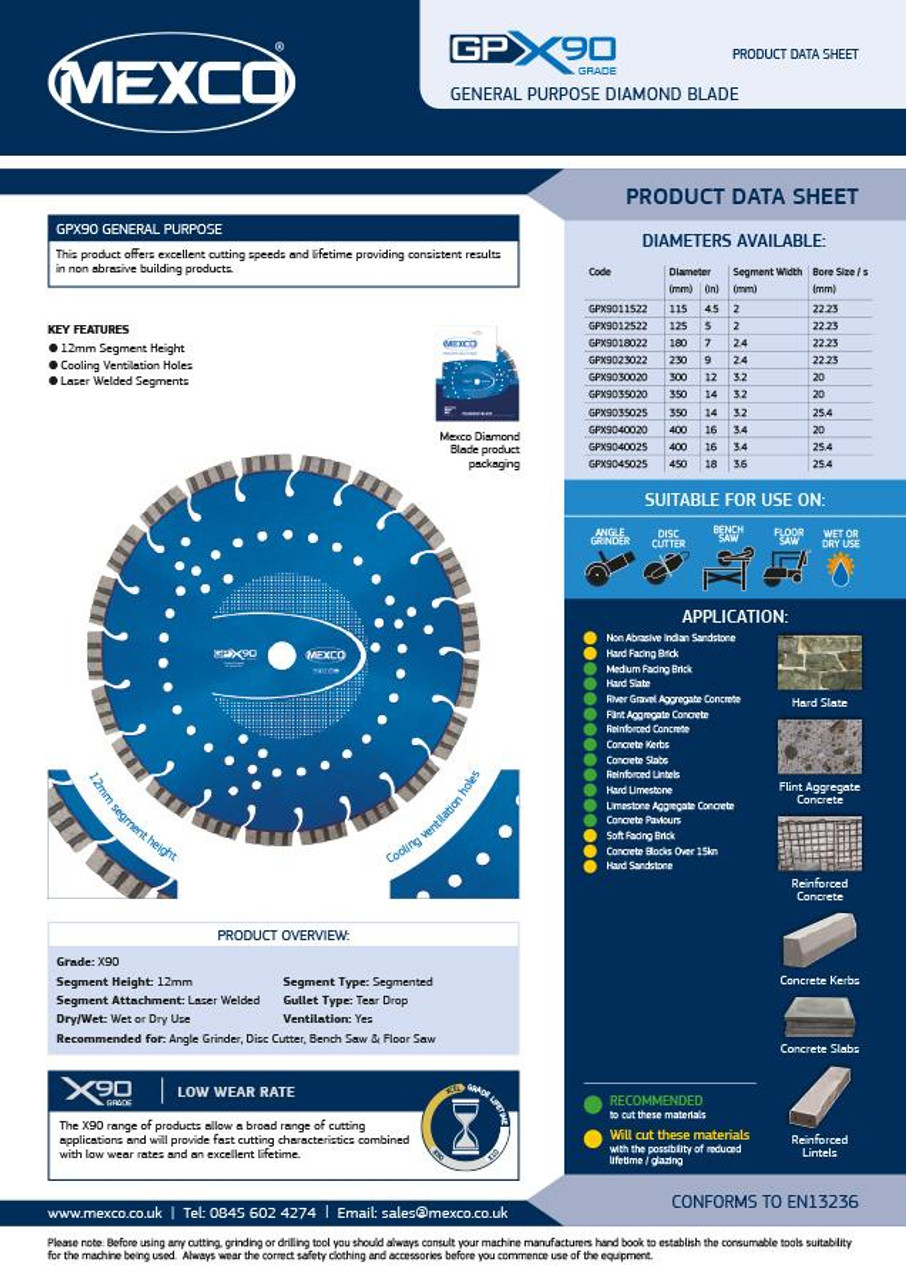 Mexco GPX9035020 350MM 20MM Bore Concrete X90 Grade Diamond Blade