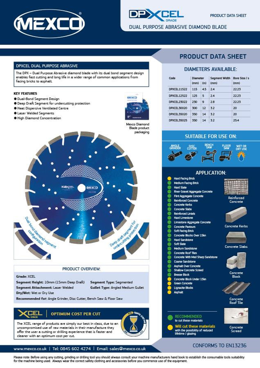 Mexco DPXCEL23022 230MM 22.23MM Bore Dual Purpose Abrasive XCEL Grade Diamond Blade