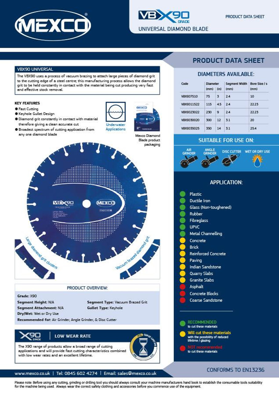 Mexco VBX9030020 300MM 20MM Bore Vacuum Brazed X90 Grade Multi-Use Diamond Blade