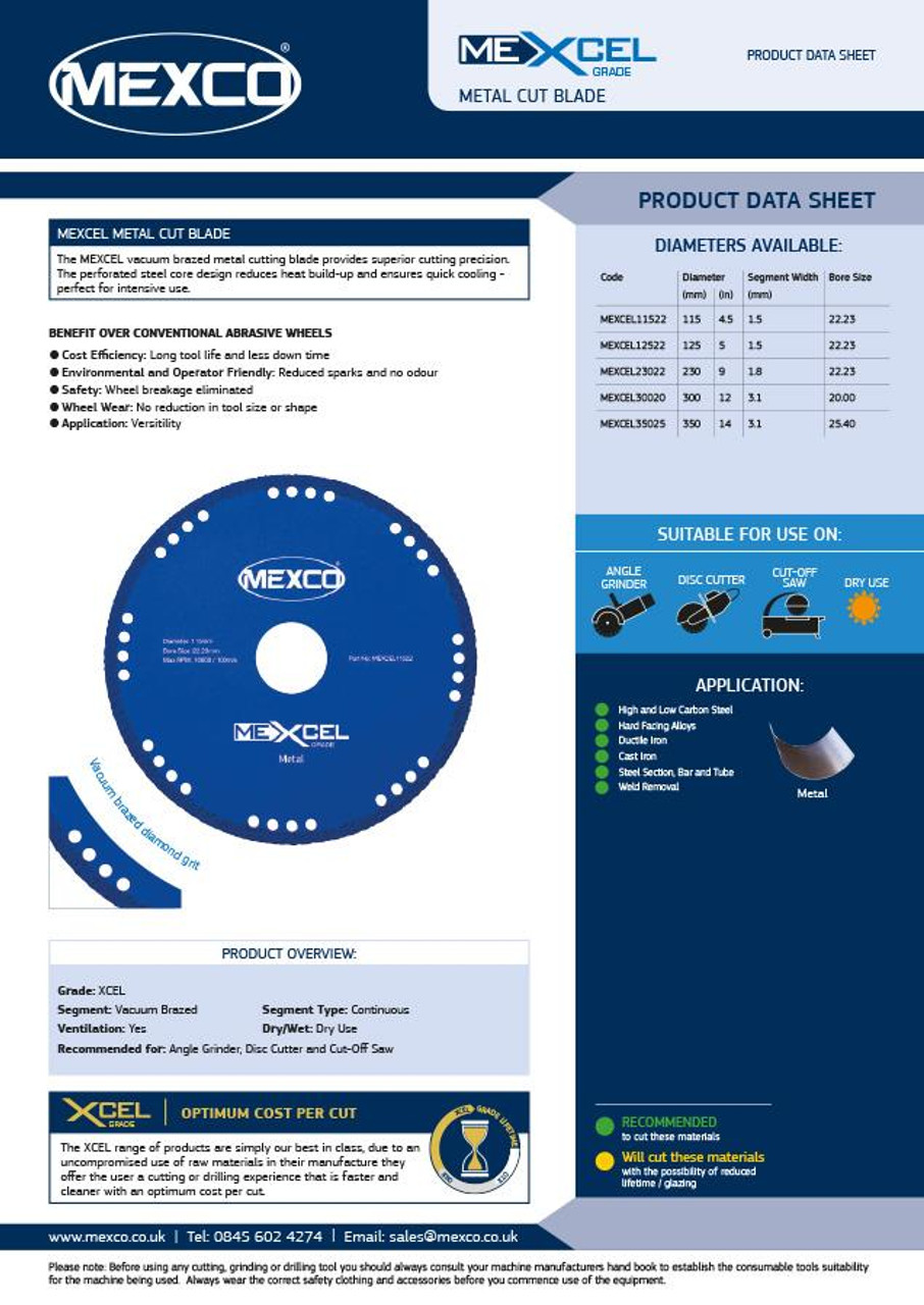 Mexco MEXCEL23022 230MM 22.23MM Bore XCEL Grade Metal Cutting Diamond Blade