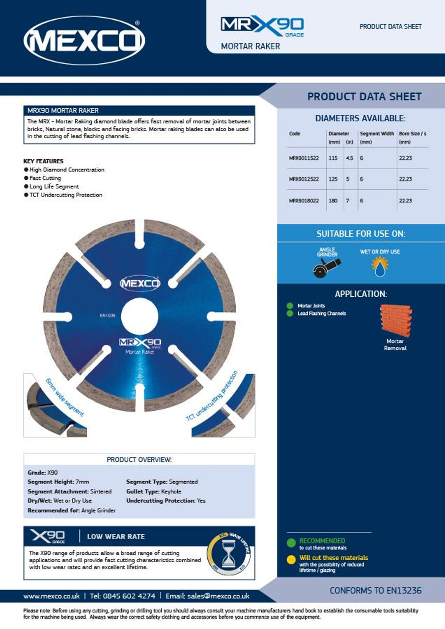 Mexco MRX9018022 180MM 22.23MM Bore X90 Grade Mortar Raker Diamond Blade