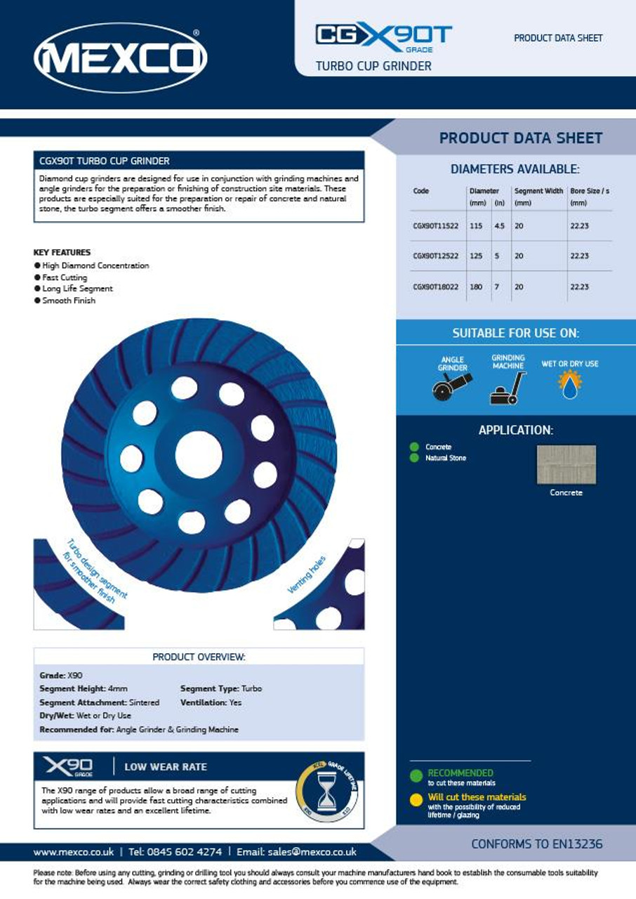 Mexco CGX90T12522 125MM 22.23MM Bore Turbo X90 Grade Diamond Cup Grinder