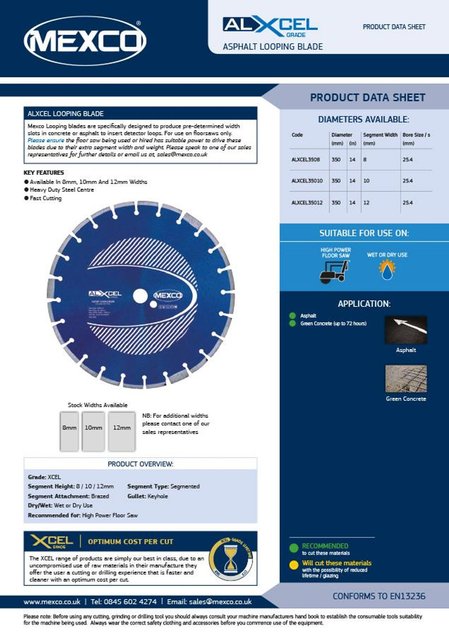 Mexco ALXCEL3501025 350MM 10MM Width XCEL Grade Asphalt Looping Diamond Blade