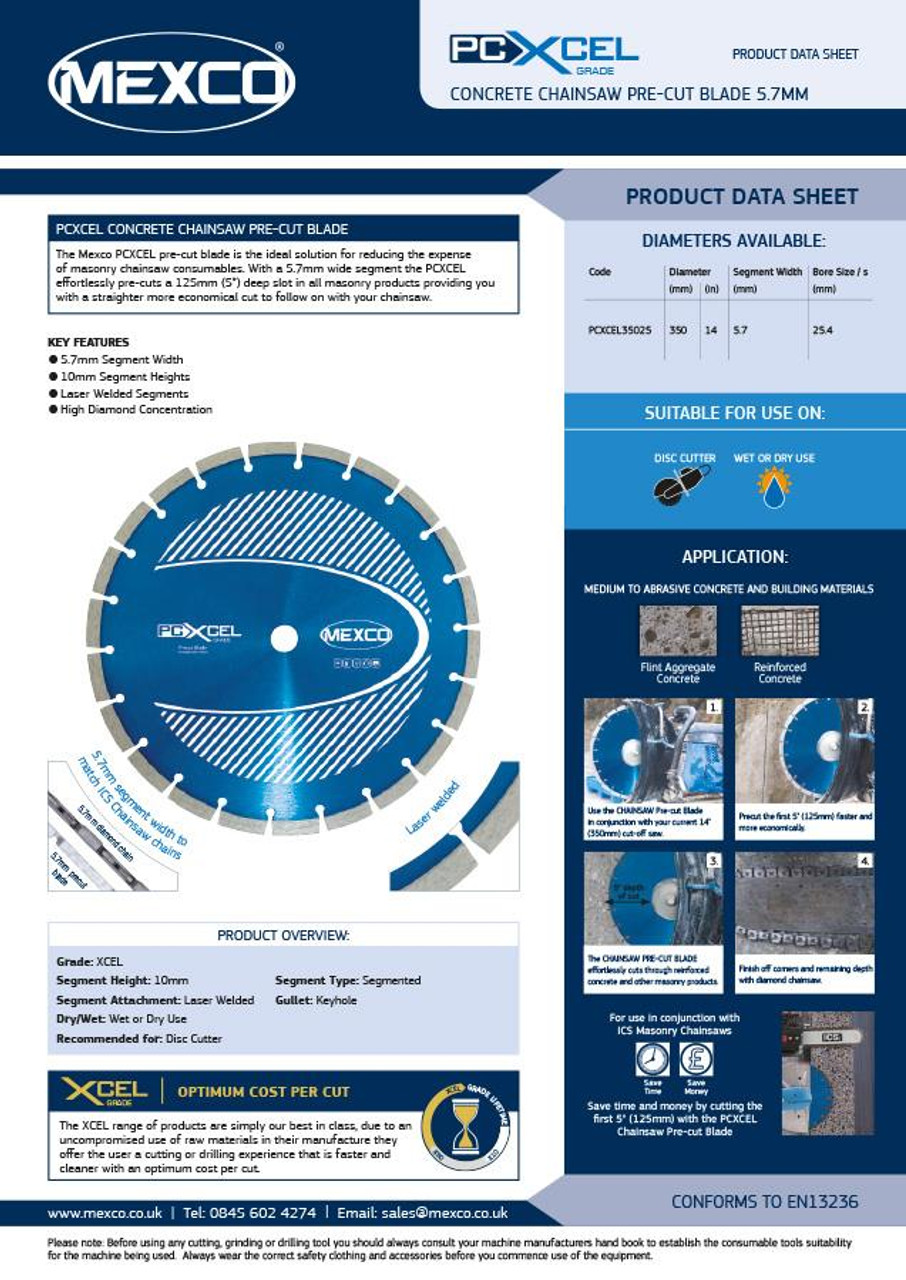 Mexco PCXCEL35025 350MM 25.4MM XCEL Grade Pre-Cut Concrete Diamond Blade