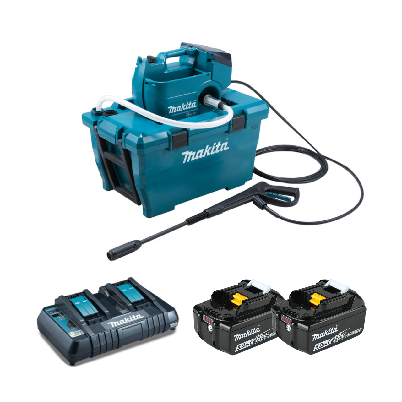 Makita DHW080PT2 Twin 18V (36v) LXT Brushless High Pressure Washer with 2x5.0 Ah Batteries and Charger