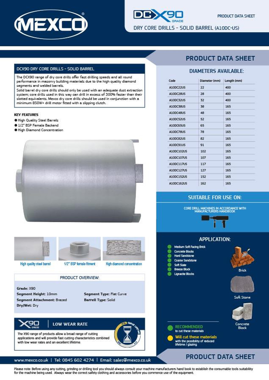 Mexco A10DC127US 127MM X90 Grade Dry Core Diamond Unslotted Drill