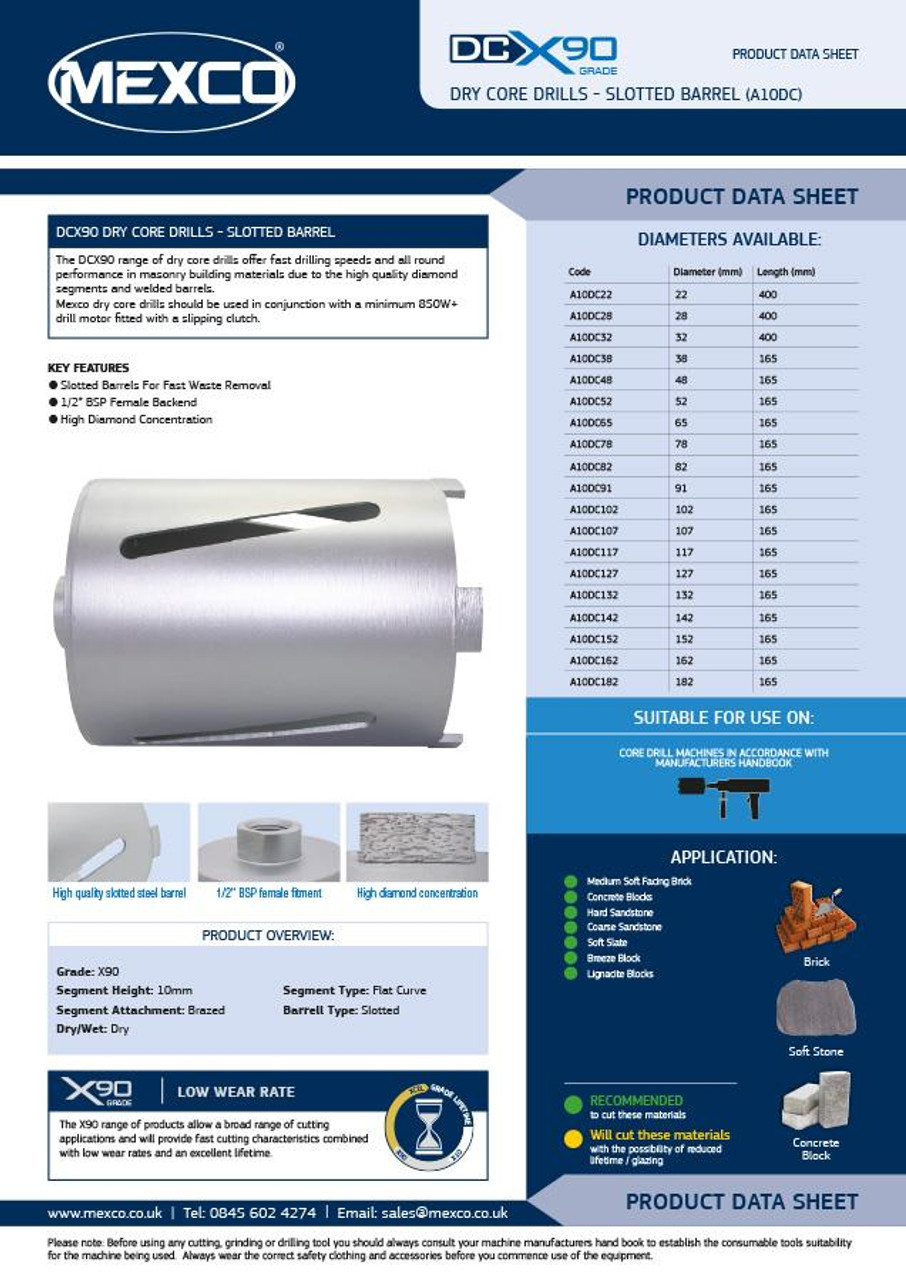Mexco A10DC152 152MM X90 Grade Dry Core Diamond Slotted Drill