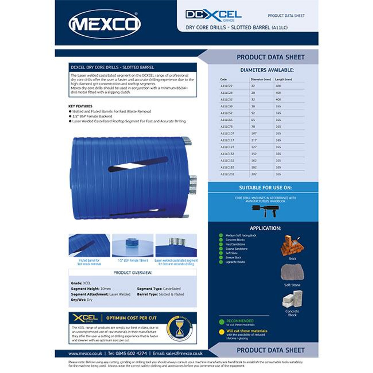 Mexco A11LC22 22MM XCEL Grade Dry Core Diamond Slotted Drill
