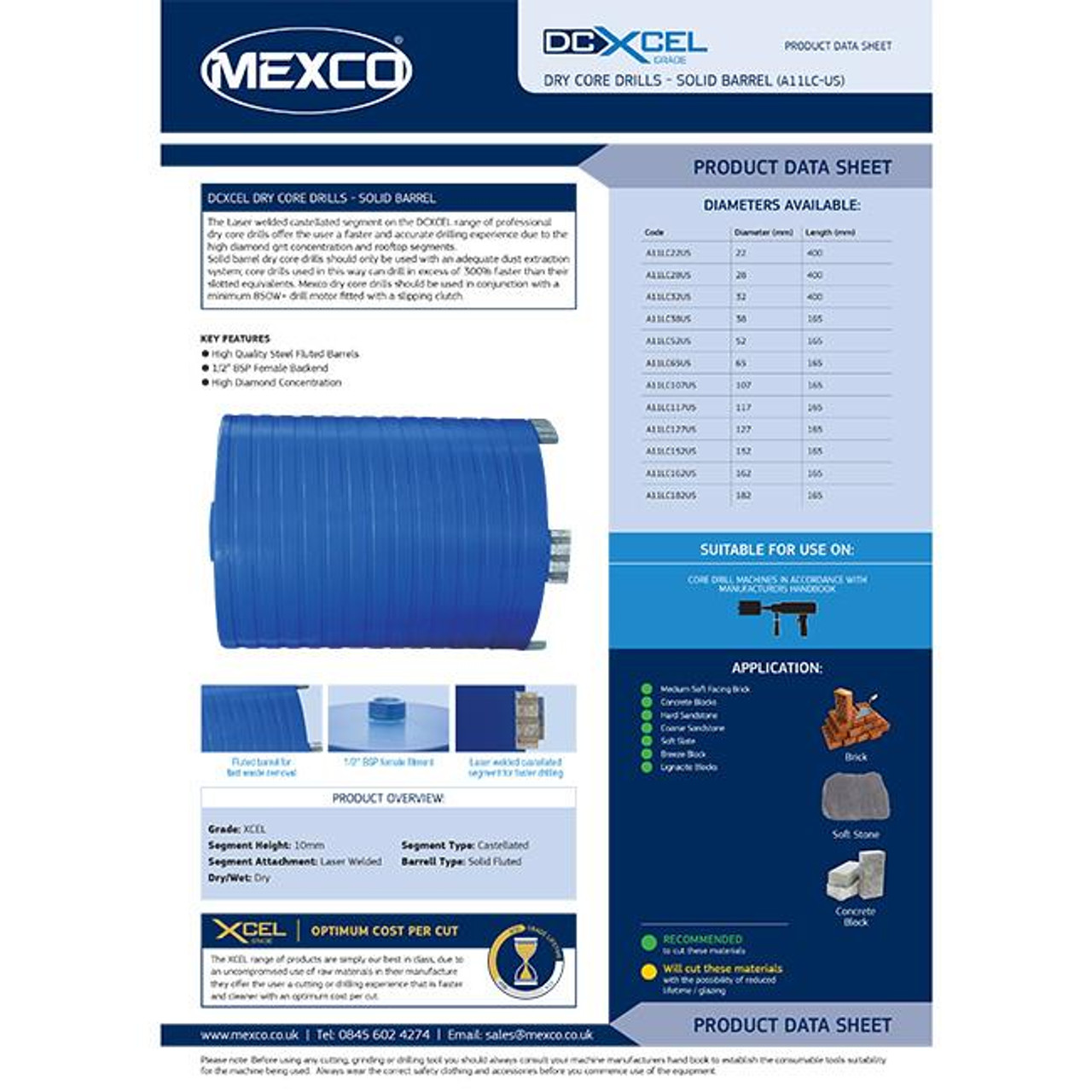 Mexco A11LC38US 38MM XCEL Grade Dry Core Diamond Solid Barrel Drill