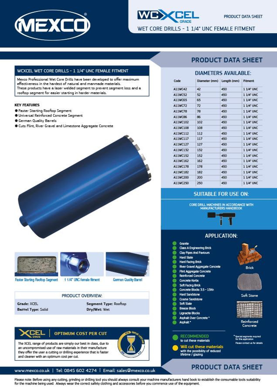 Mexco A11WC65 65MM XCEL Grade Wet Core Diamond Drill 450MM 1 1/4" UNC Female