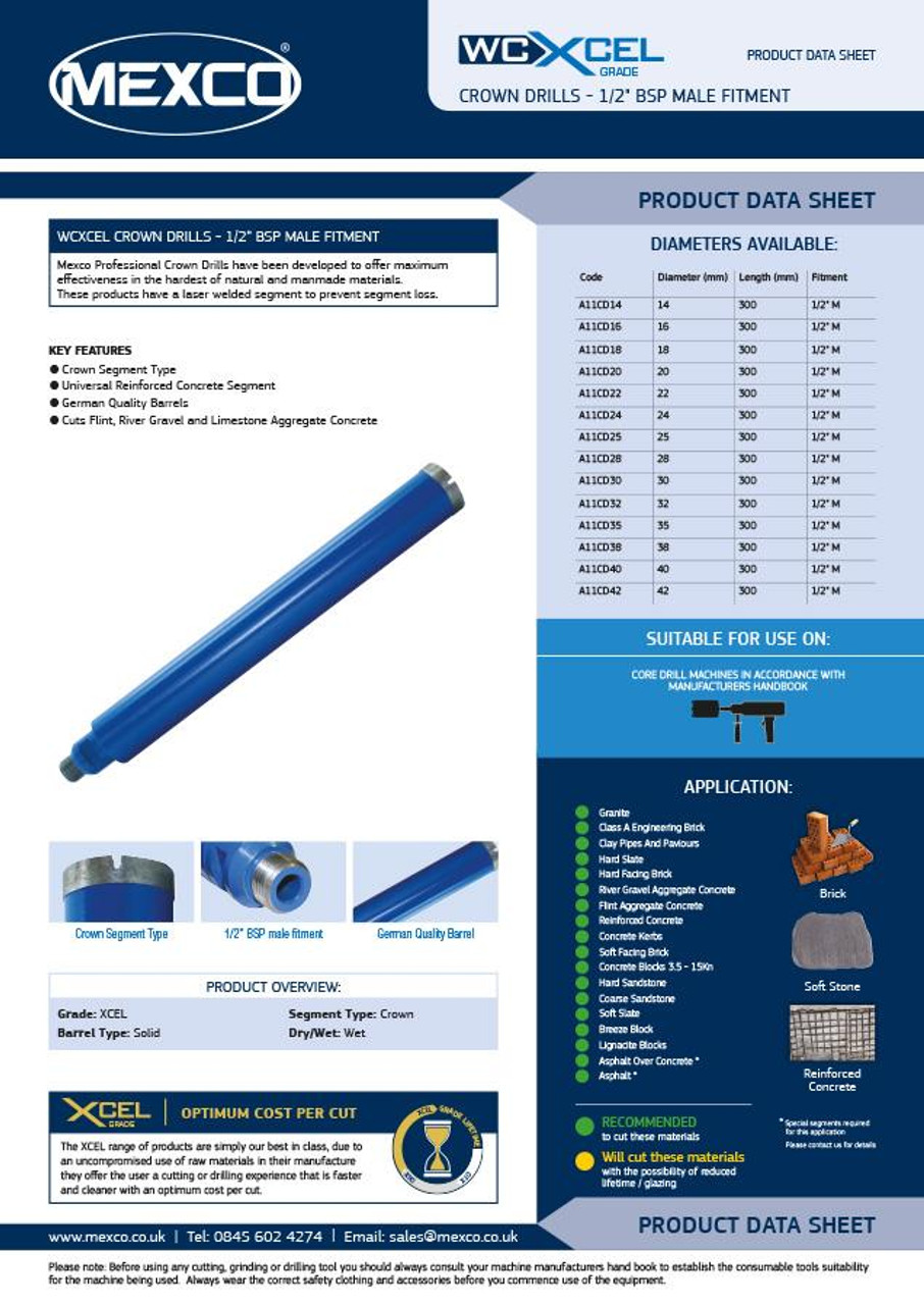 Mexco A11CD22 22MM XCEL Grade Wet Core Diamond Drill (Crown Segment) 300MM 1/2" BSP Male