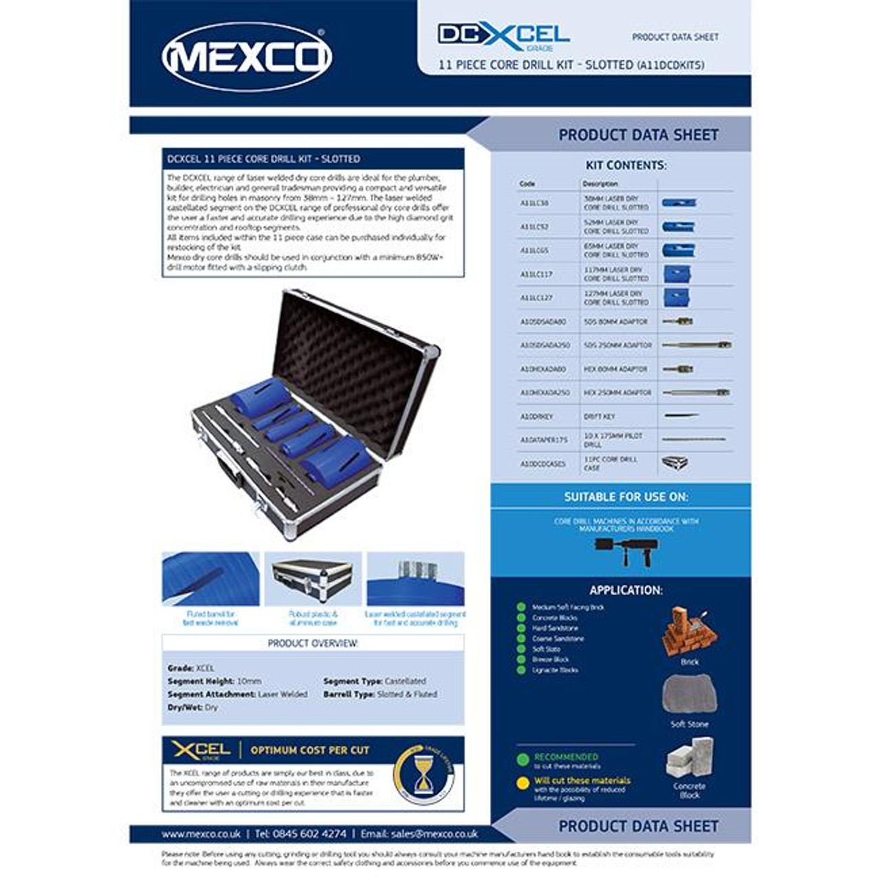 Mexco A11DCDKIT5 11 Piece XCEL Grade Dry Core Diamond Slotted Drill Kit