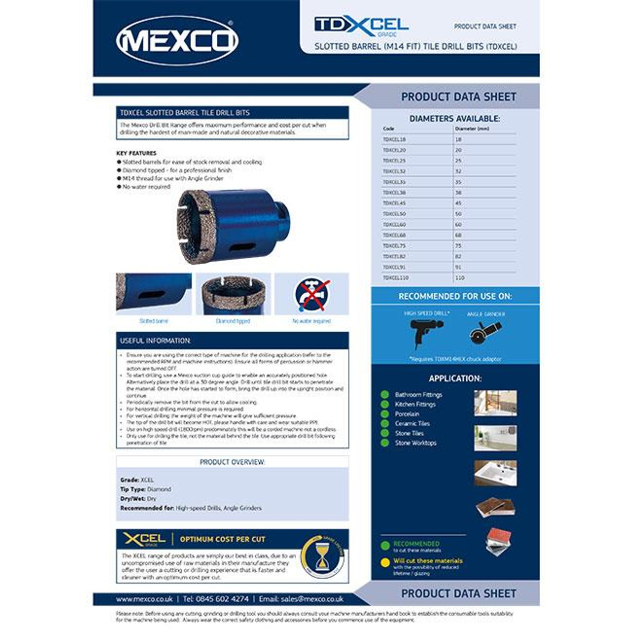 Mexco TDXCEL18 18MM Vacuum Brazed Diamond Tile Drill Bit