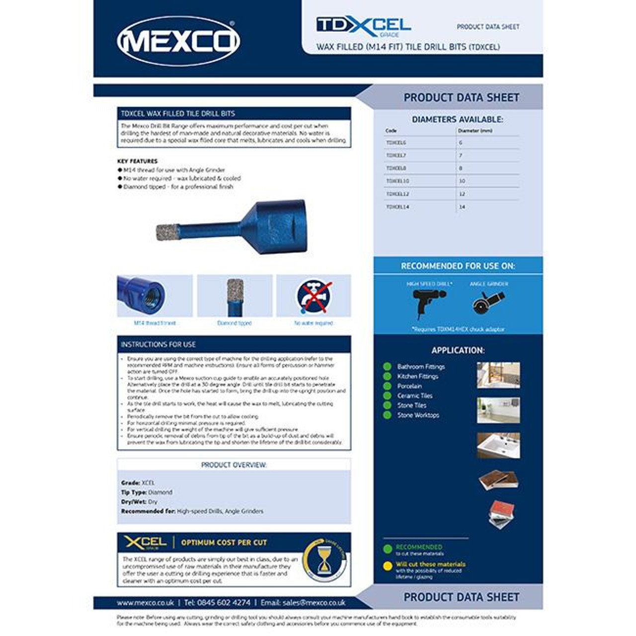 Mexco TDXCEL14 14MM Vacuum Brazed Diamond Tile Drill Bit