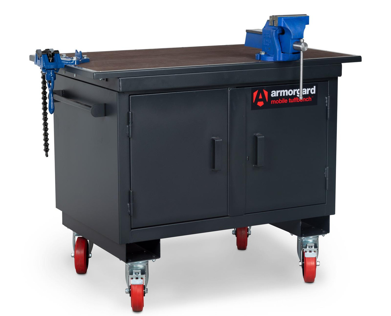 Armorgard BH1270-VF Mobile Tuffbench, wooden top, 4" Chain Vice and 6" Engineers Vice